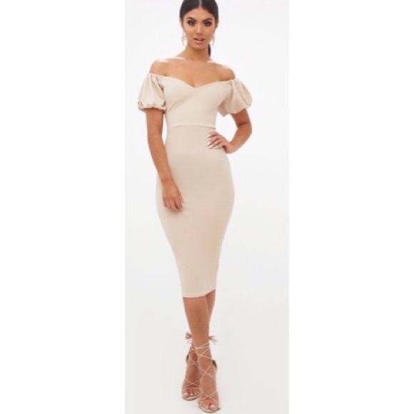 Nude Knee Off Shoulder Dress - Picture 2 of 4